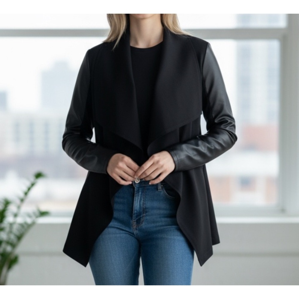 Spanx convertible drape front open faux leather‎ ponte Jaket blk sz 3X